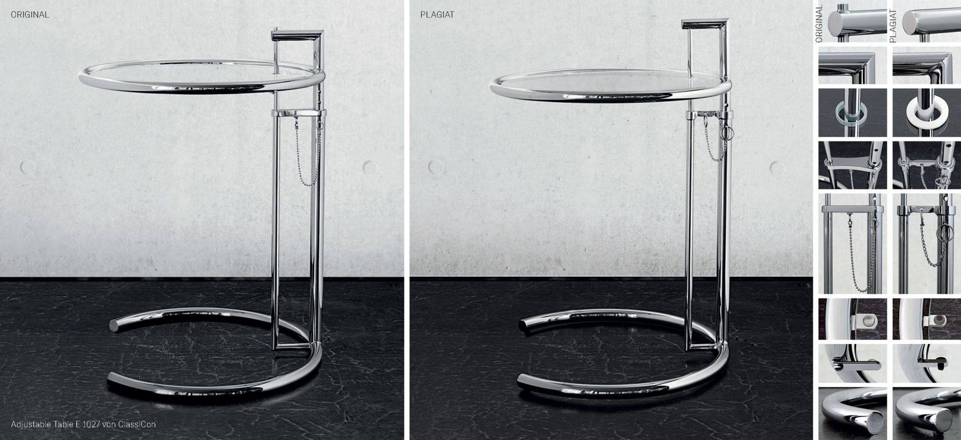 Gegenüberstellung: Original und Plagiat des Beistelltischs Adjustable Table mit Details zum Vergleich.