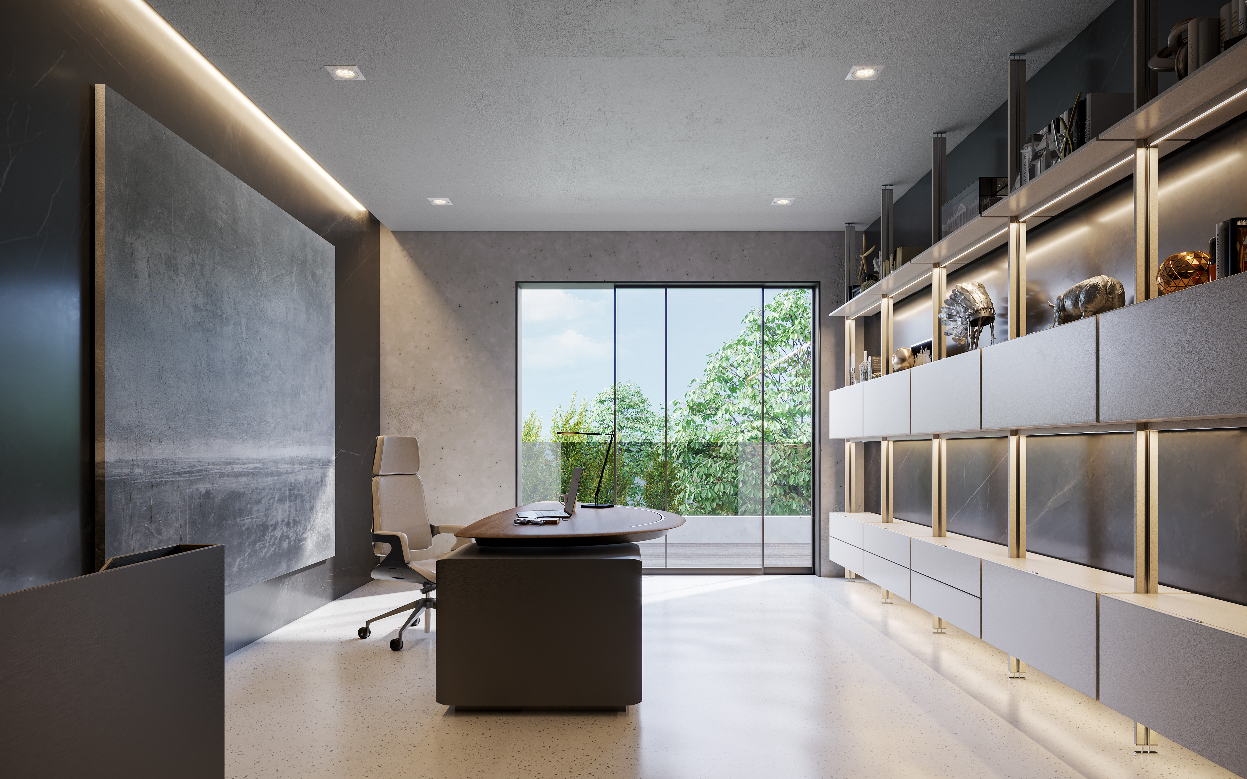 Büro mit großem Schreibtisch, Wandregalen mit Lichtleisten und Ausblick ins Grüne