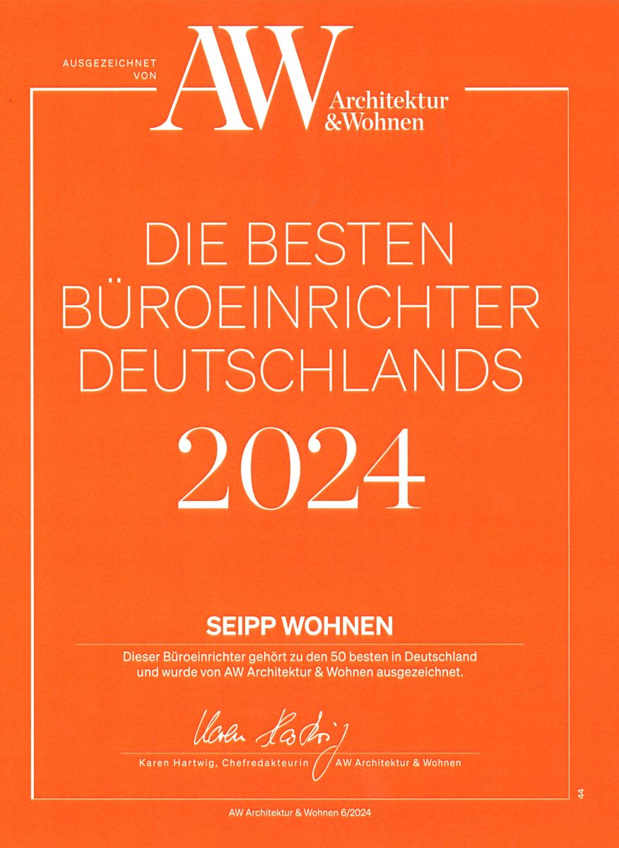 AW-Urkunde 2024: Seipp Wohnen zählt zu den besten Büroeinrichtern Deutschlands. Auszeichnung mit Signatur auf farbigem Hintergrund.