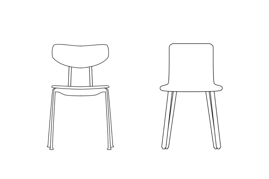 Piktogramm mit zwei Stühlen: ein moderner Schalensessel und ein Holzstuhl. Symbol für Sitzmöbel.