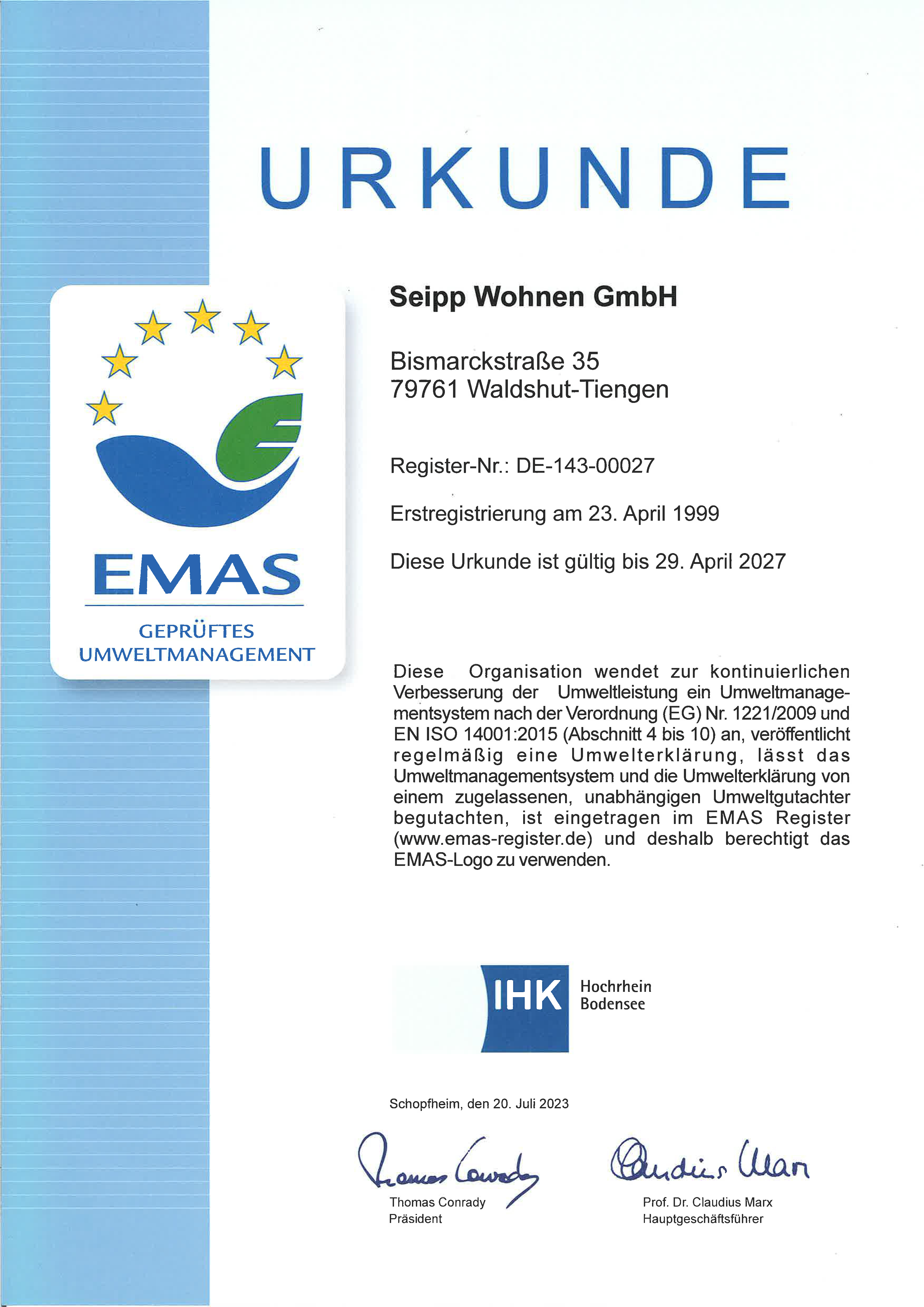 EMAS-Urkunde für Seipp Wohnen GmbH, gültig bis 30. April 2027, ausgestellt von der IHK Hochrhein-Bodensee für geprüftes Umweltmanagement.
