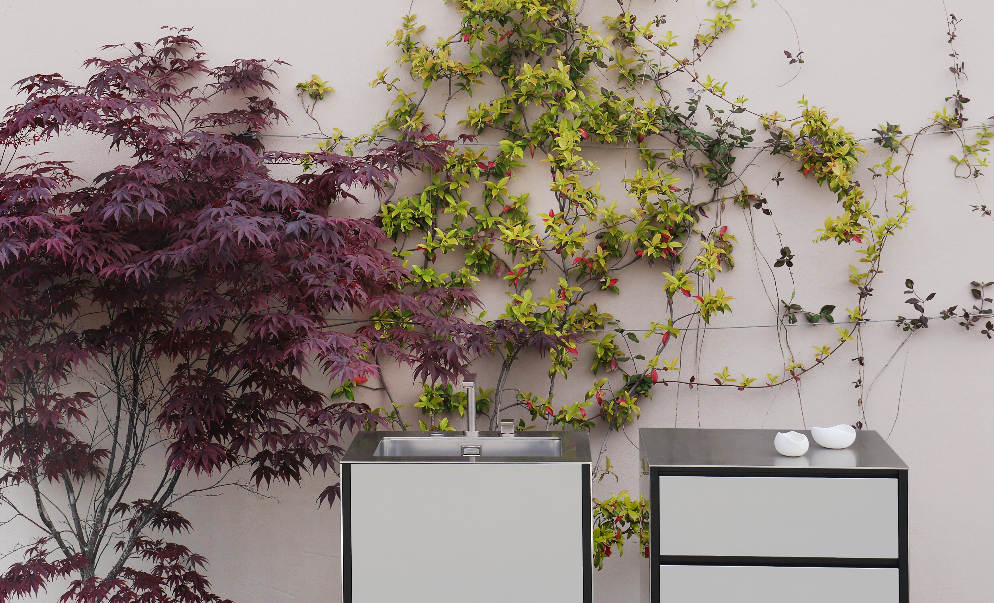 Zwei Modulblöcke mit Spüle und Ablage vor Kletterpflanzen und rotem Ahorn