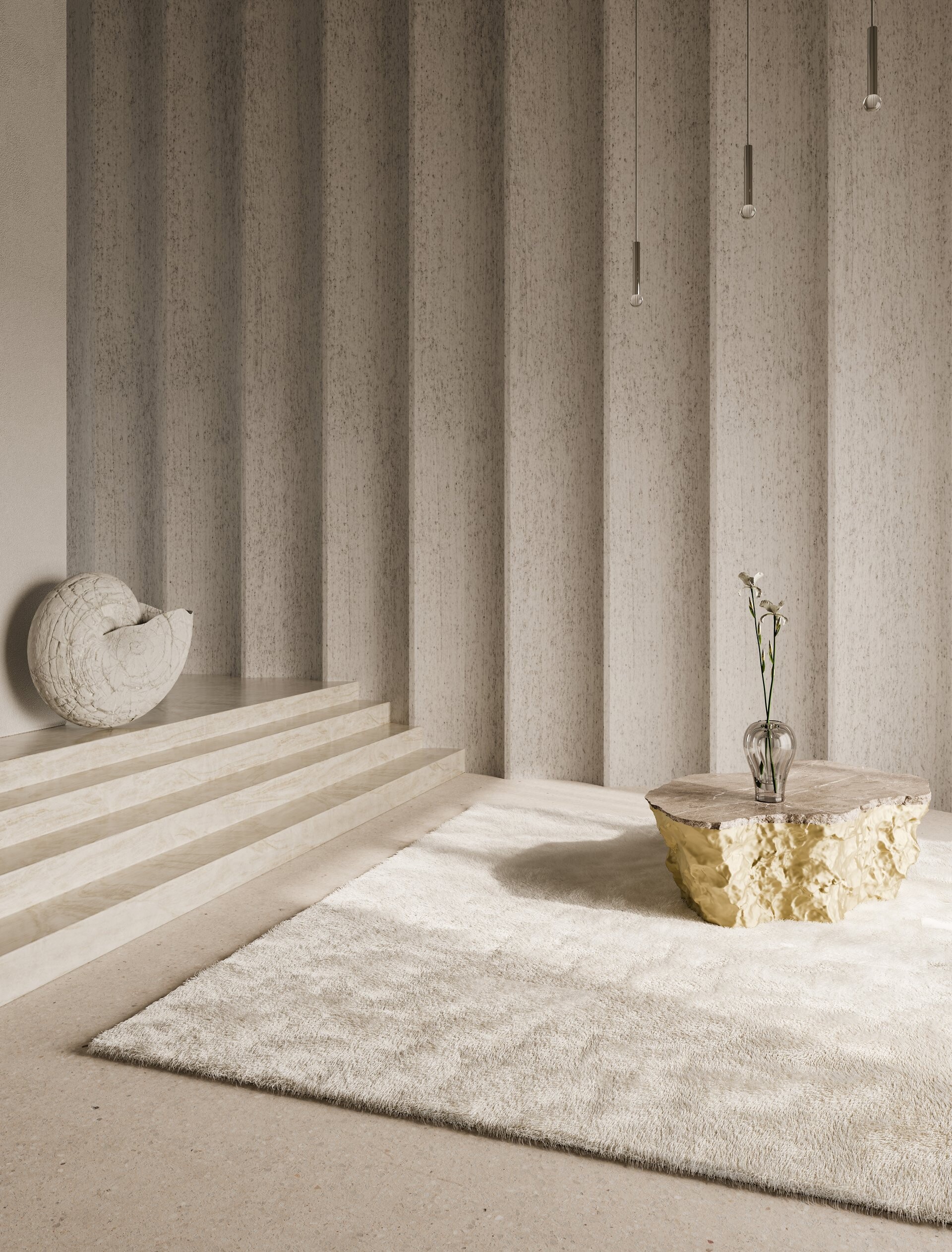 Langfloriger beigefarbener Teppich von Longbarn mit organischem Beistelltisch aus Naturstein