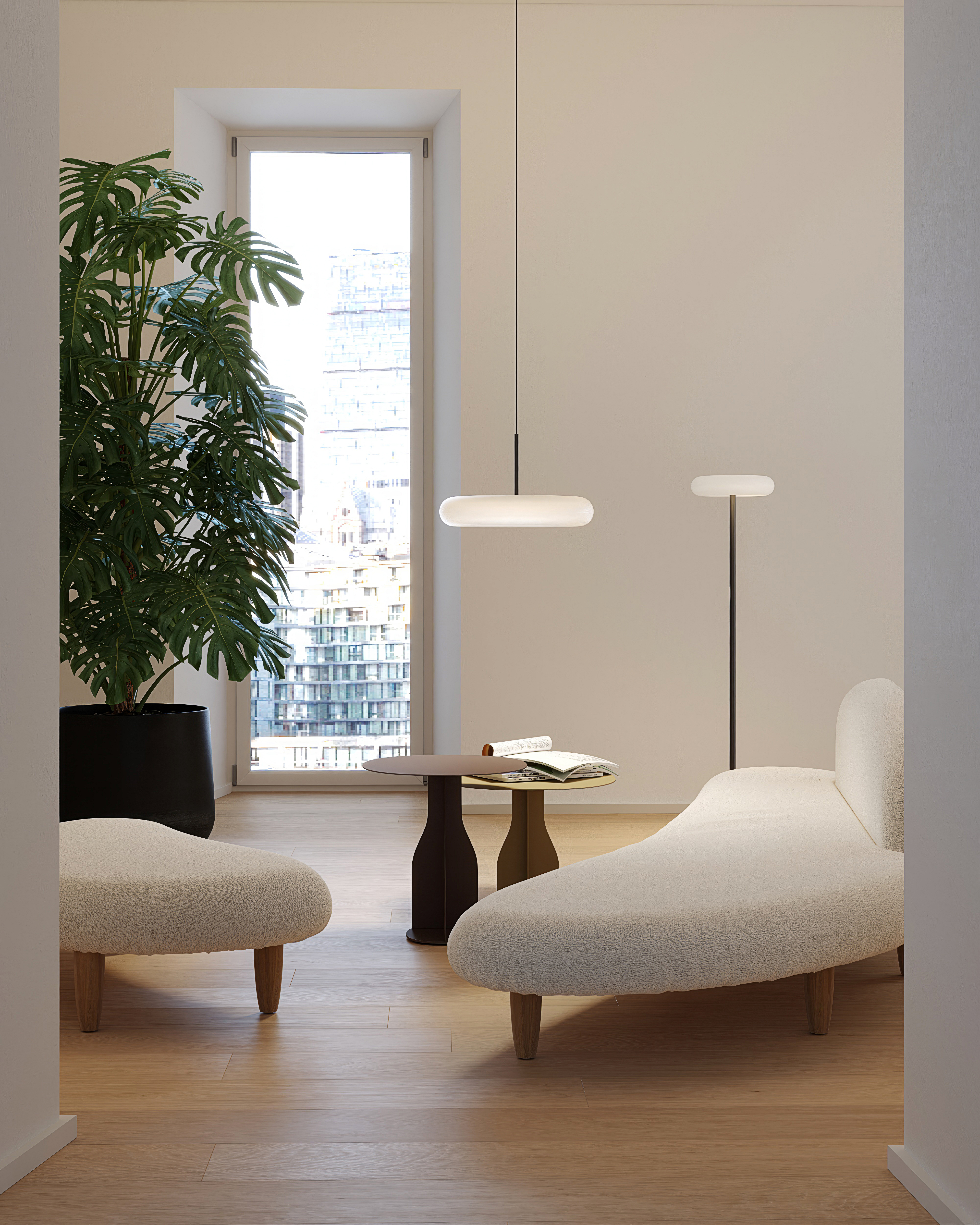 Zwei minimalistische Leuchten von Belux über einer Chaiselongue und einem Hocker