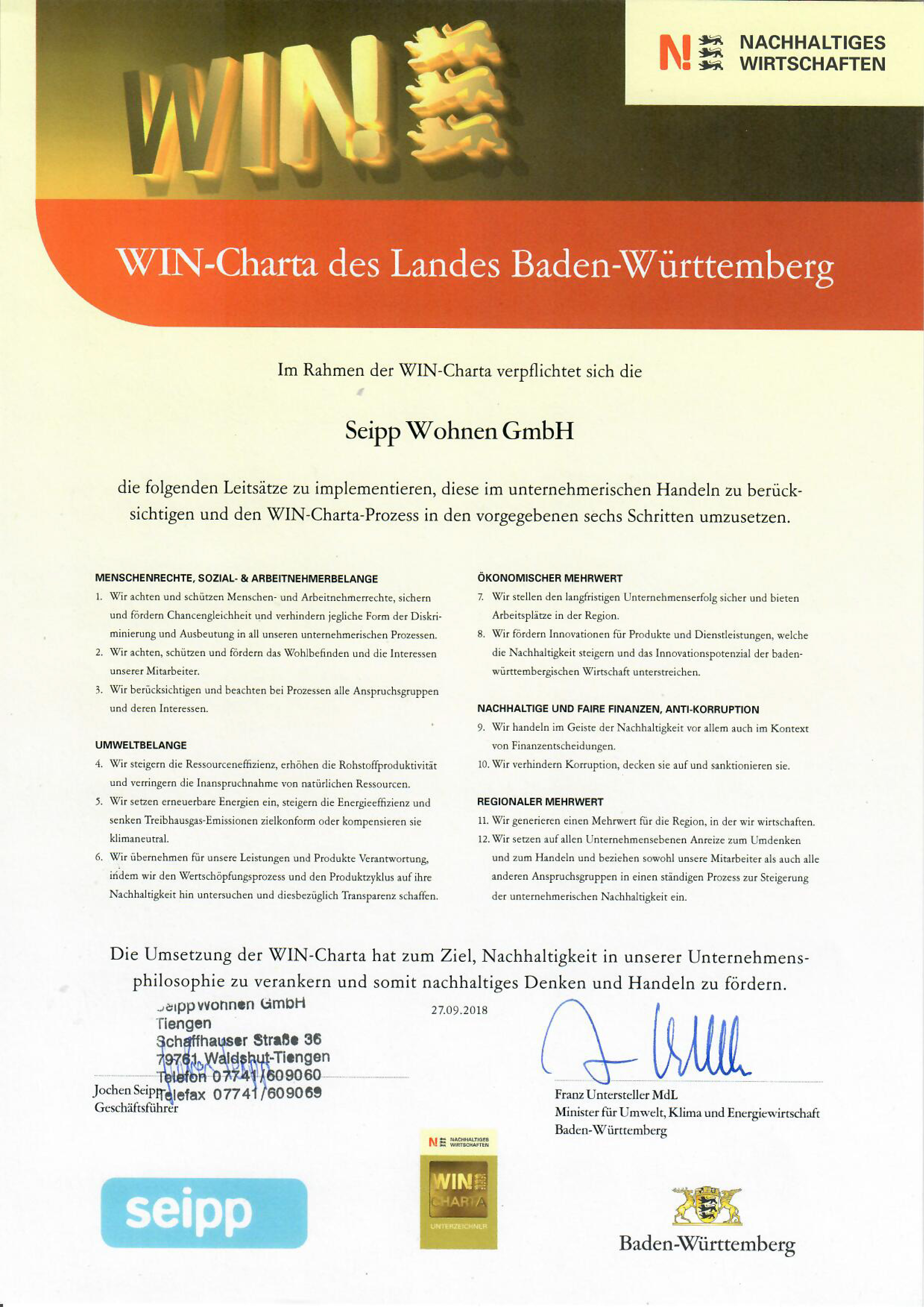 Urkunde der WIN-Charta Baden-Württemberg für Seipp Wohnen mit unterzeichneter Selbstverpflichtung zu nachhaltigem Wirtschaften seit 2018.