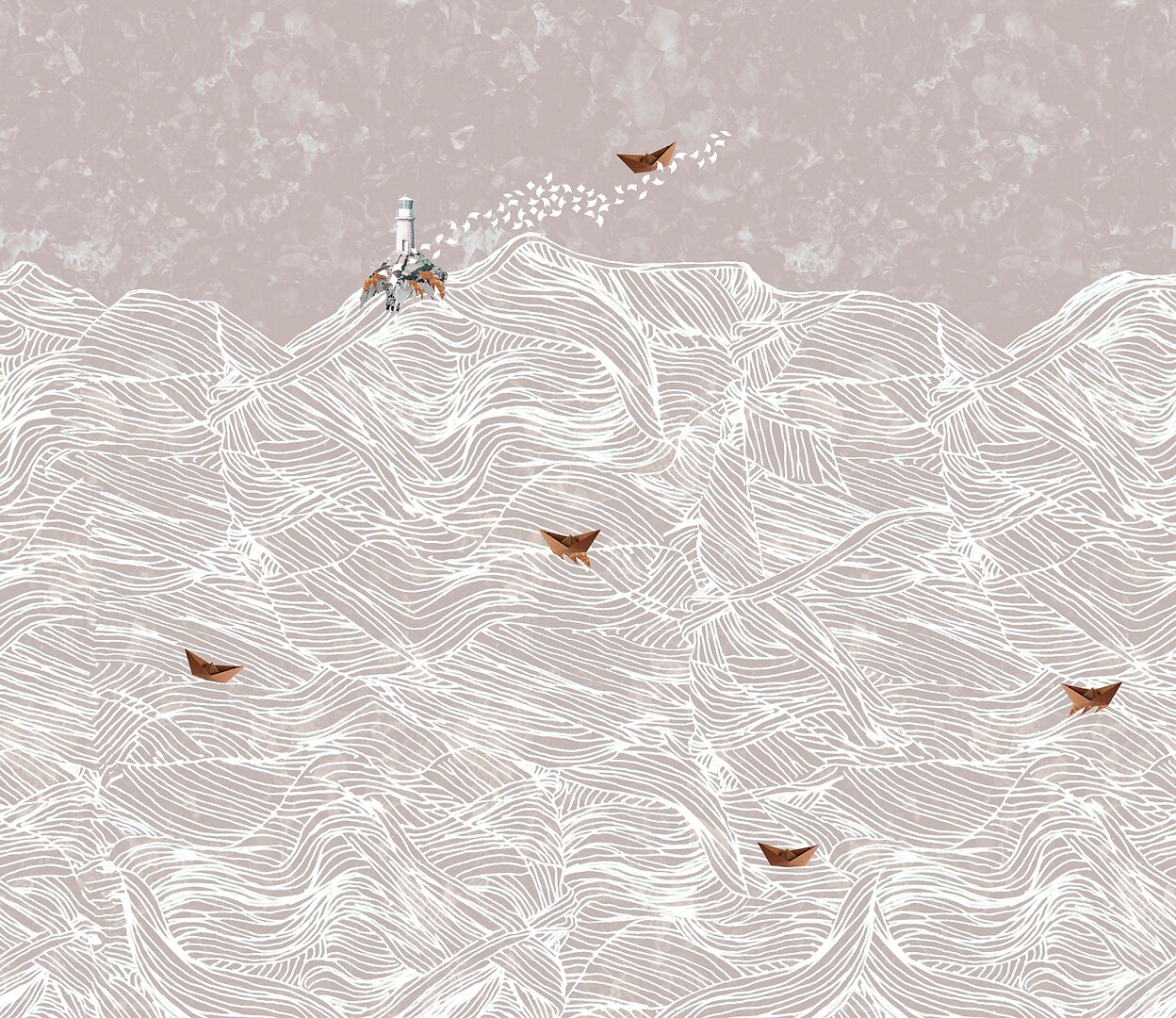 Grafisch illustrierte Tapete mit wellenförmigem Linienmuster und kleinen Booten