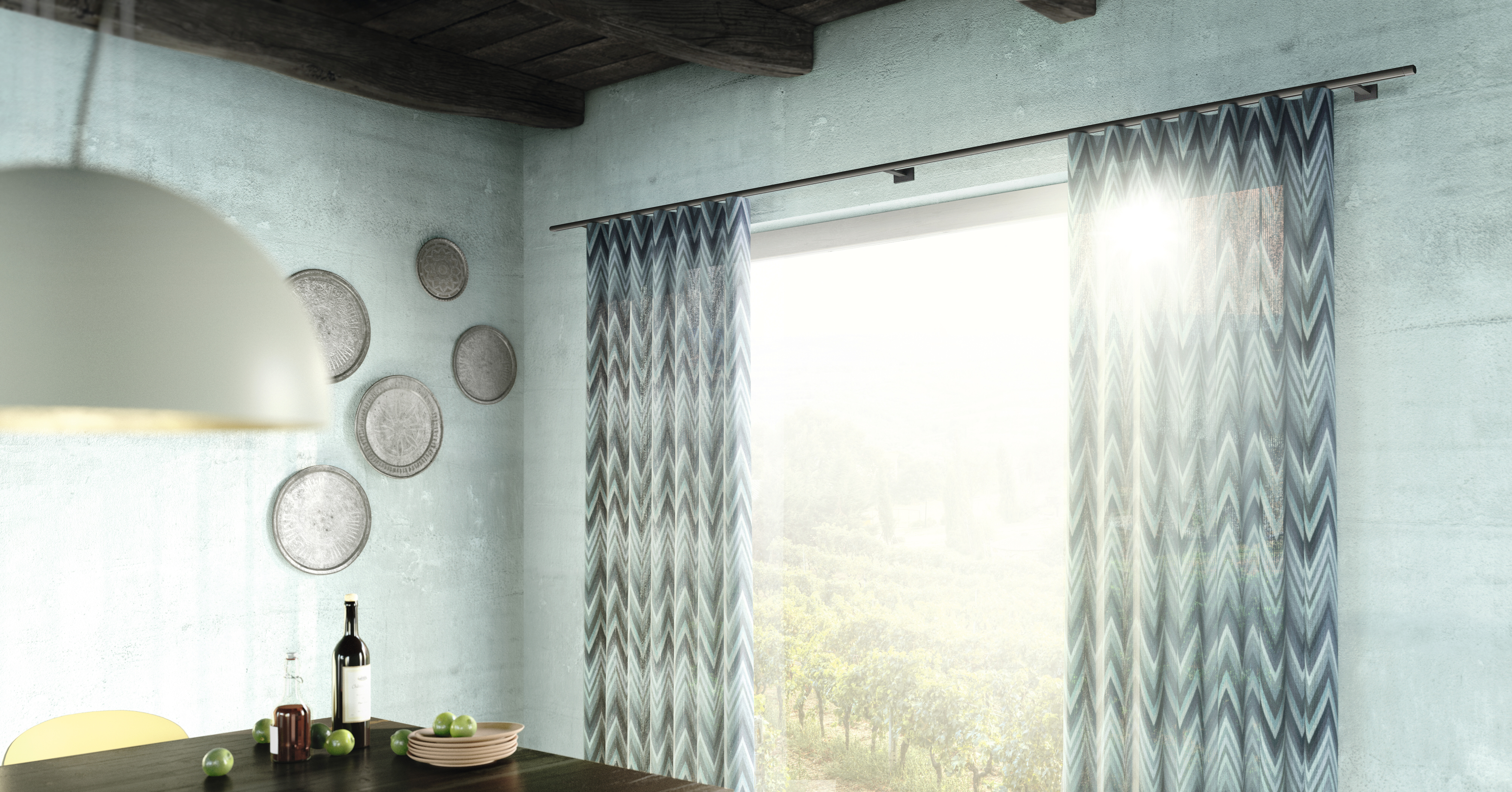 Lichtdurchlässiger Dekostoff in Blau und Grau mit moderner Liniengrafik