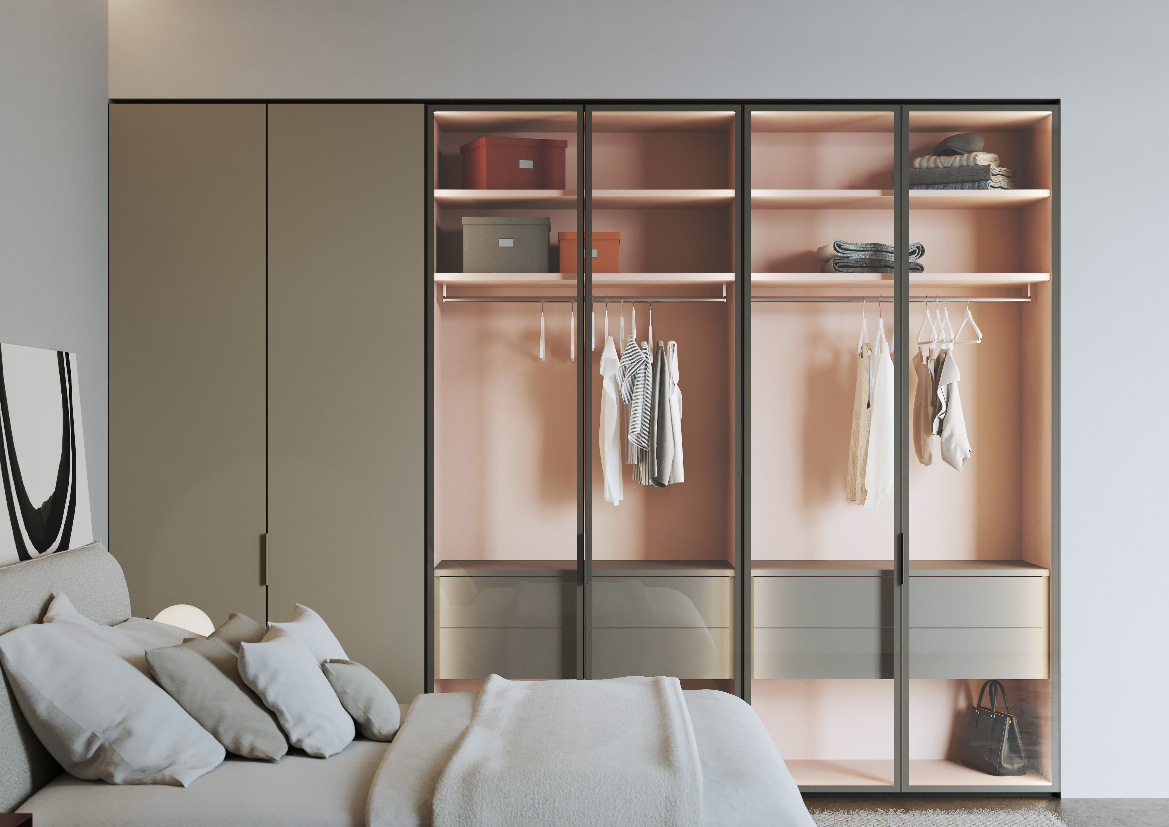 Schlafzimmer mit Schrank, offenem Innenraum in Rosé, linksseitig geschlossen