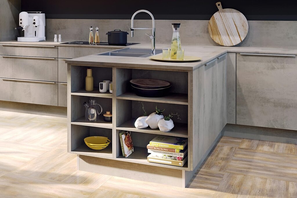 Kücheninsel von Nolte mit offenen Fächern für Geschirr, Gläser, Bücher und Deko