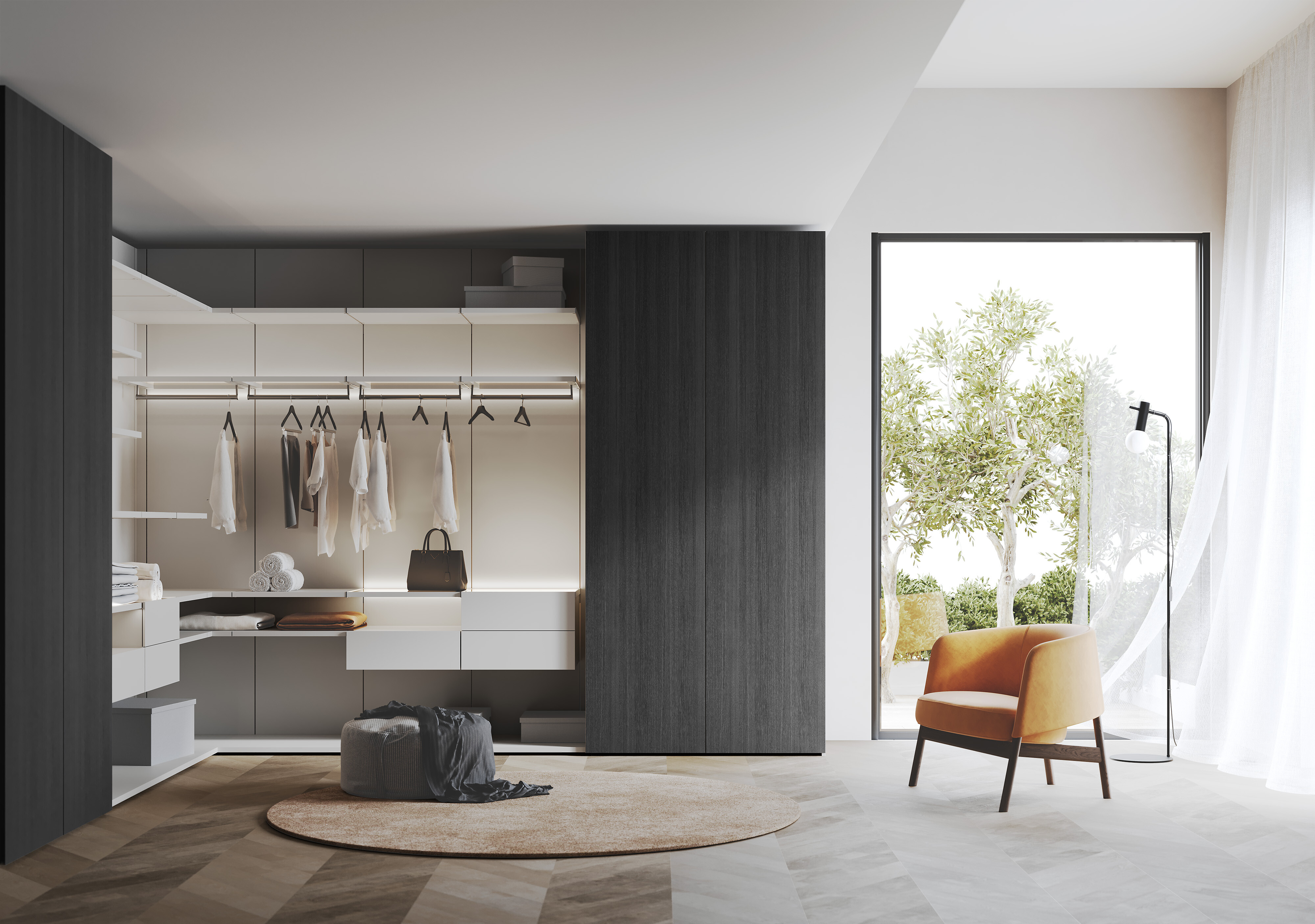 Schrankwand mit offenen und geschlossenen Segmenten, integrierter Kleiderstange und Boxen