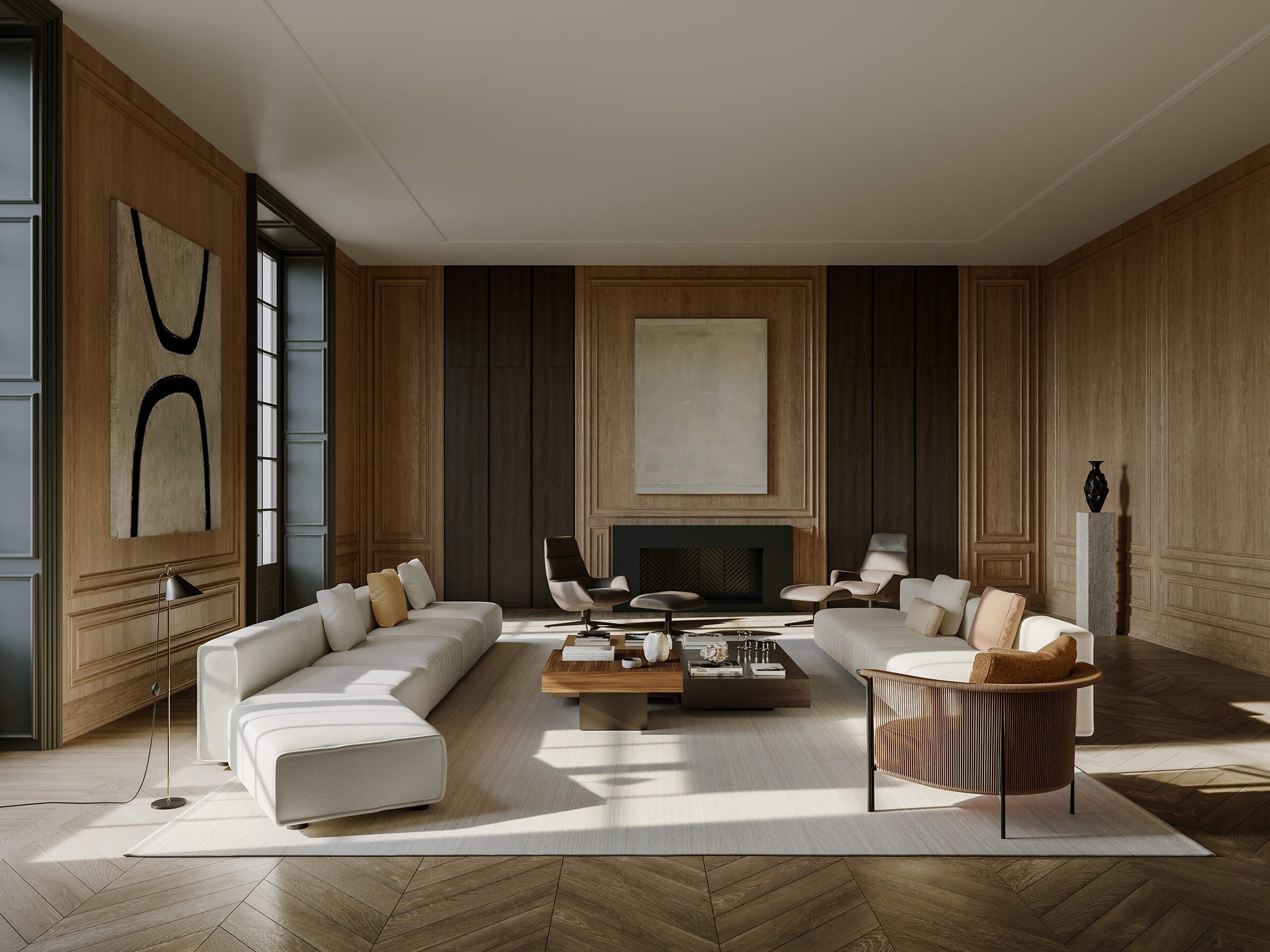 Großzügiger Wohnraum mit zwei Sofas, Holzvertäfelung, Parkett und skulpturalen Couchtischen