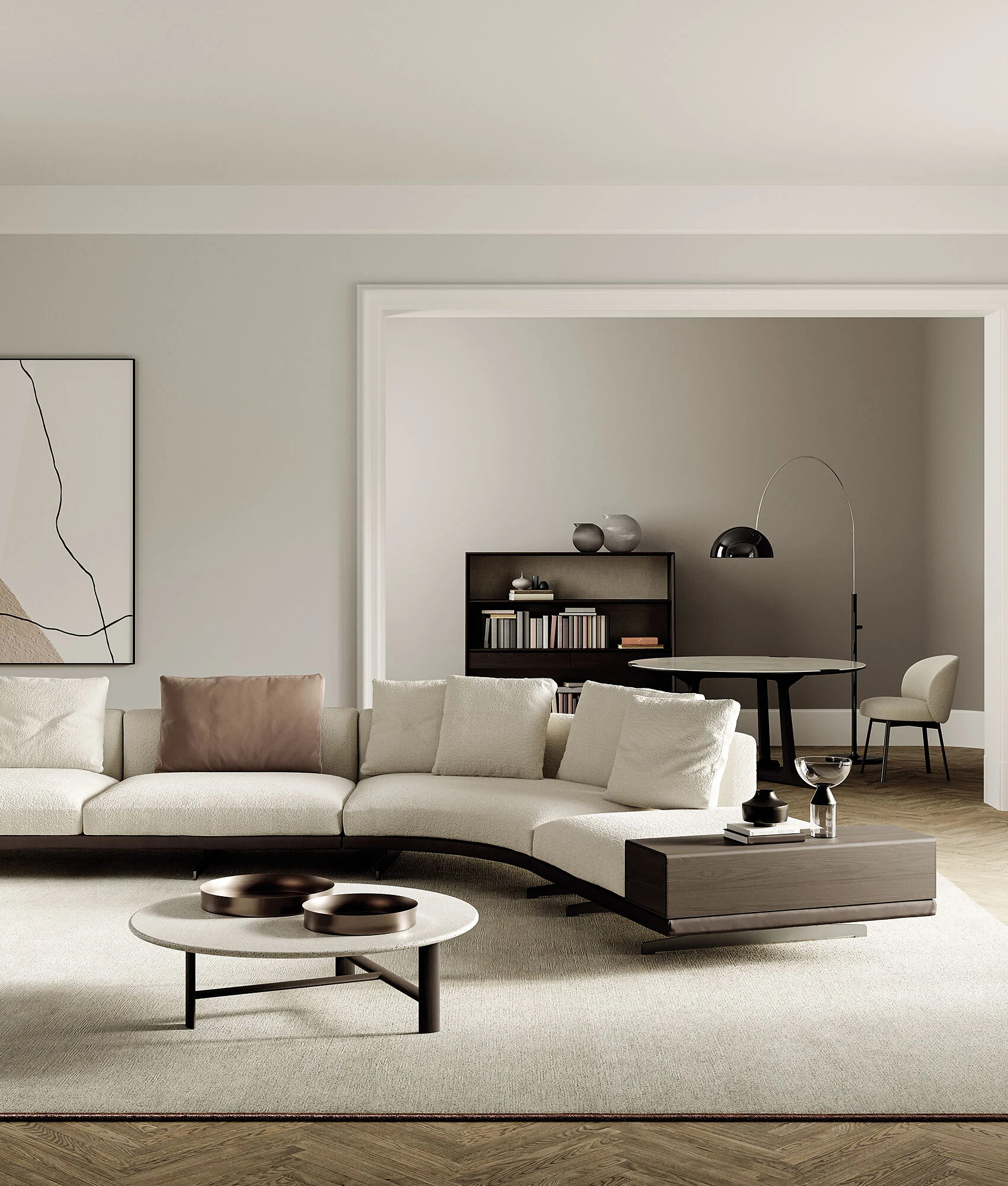 Moderne Wohnlandschaft in U-Form mit integriertem Beistelltisch und rundem Couchtisch