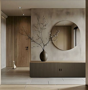 Flaches Sideboard in Holzoptik mit runder Griffaussparung vor Spiegelwand