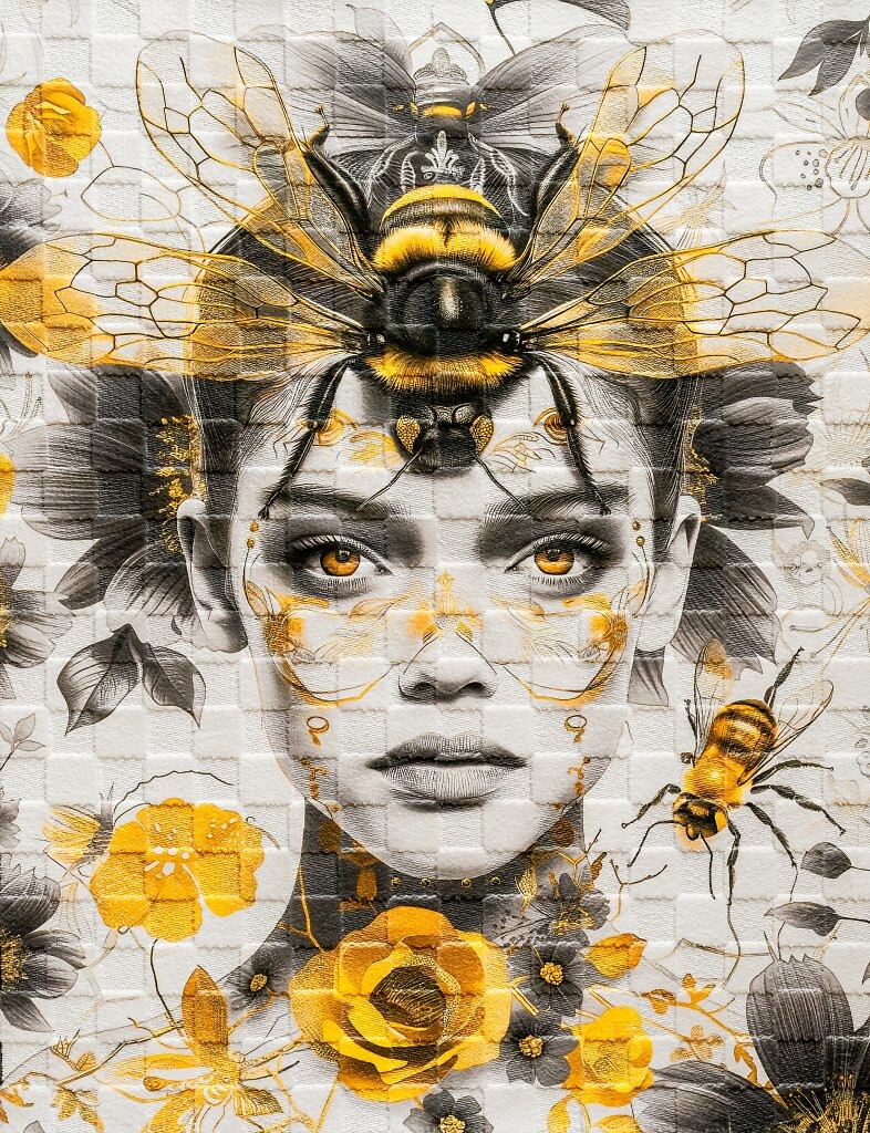 Wandteppich mit Porträt einer Frau, überlagert von Bienen, floralen Elementen und Mosaikstruktur