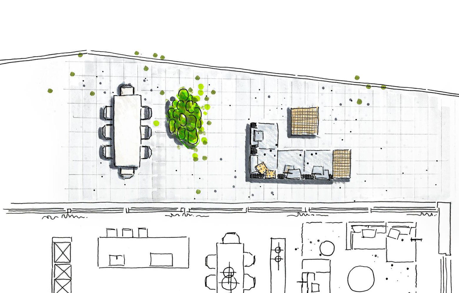 Handskizze einer Dachterrasse mit Tisch, Bepflanzung und Lounge, darunter angedeuteter Innenbereich