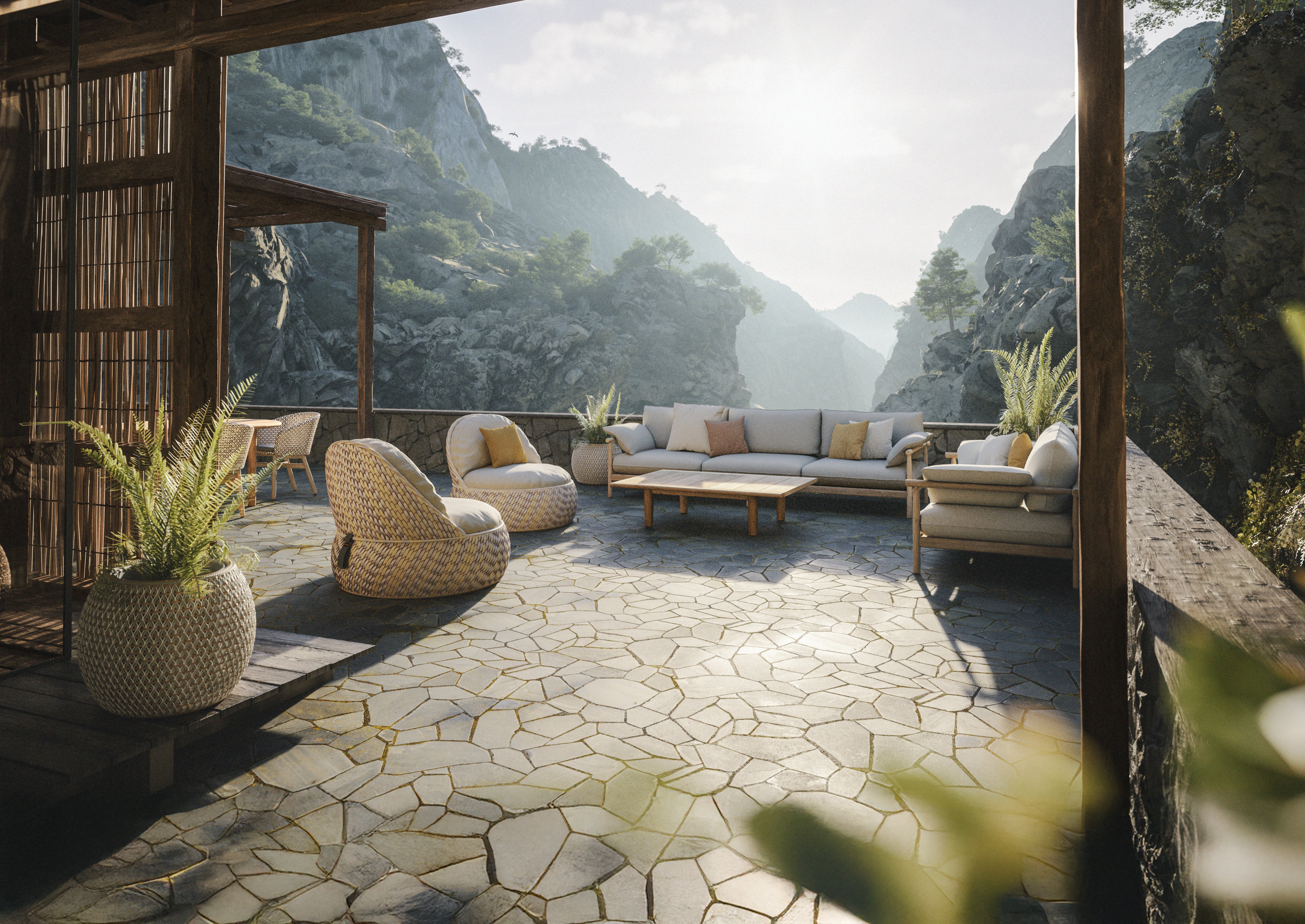 Outdoor-Szene mit Dala Loungesessel, Mbrace Stuhl und Tibbo Tisch