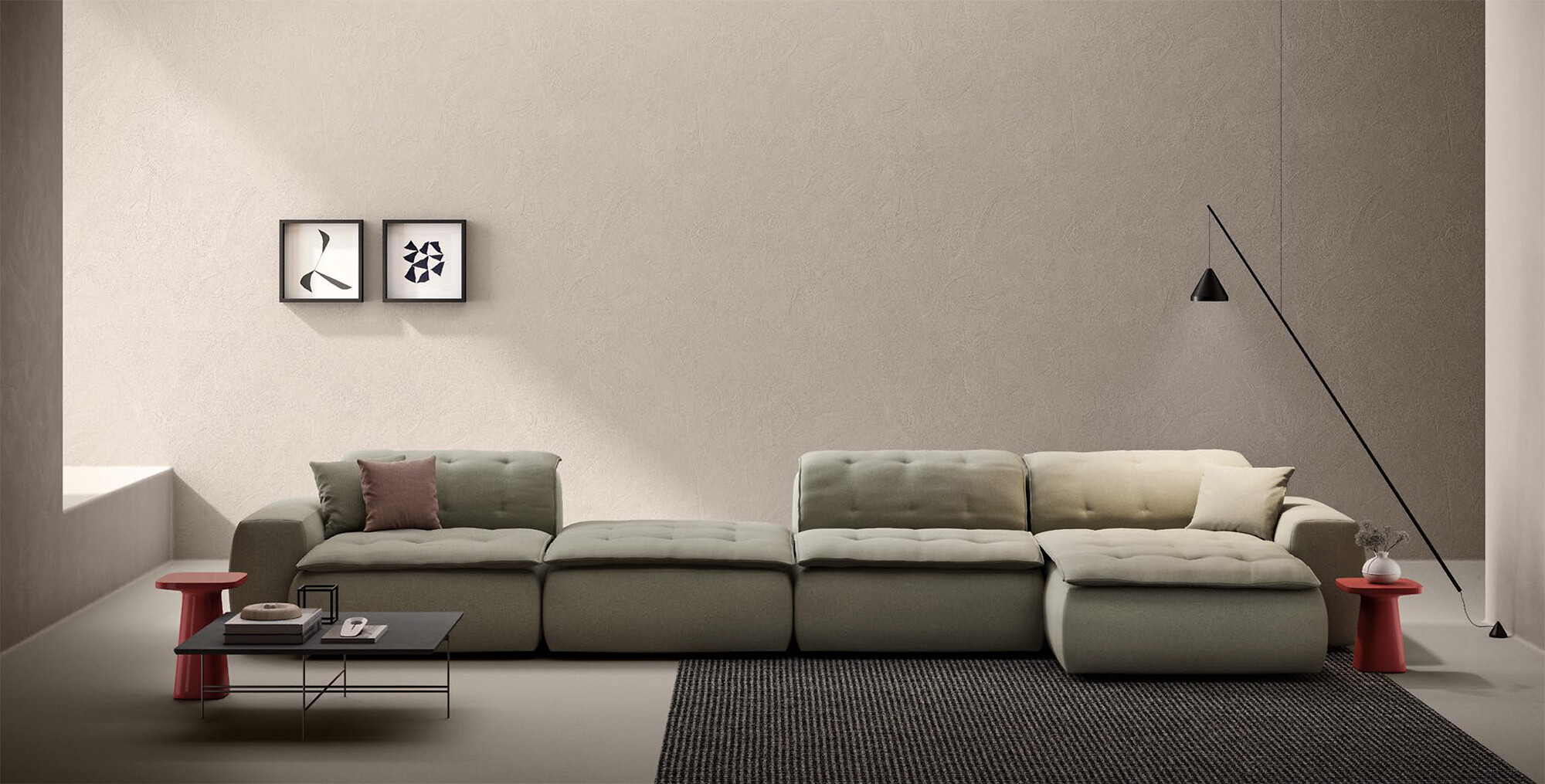 Modulares Sofa, verschiedene Beistelltische und Wandbilder