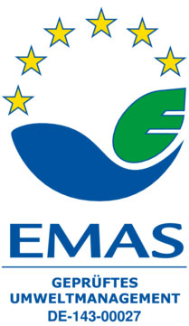 EMAS-Plakette mit sechs Sternen, Blatt und Welle sowie der Registriernummer DE-143-00027 – Kennzeichnung für geprüftes Umweltmanagement bei Seipp Wohnen.