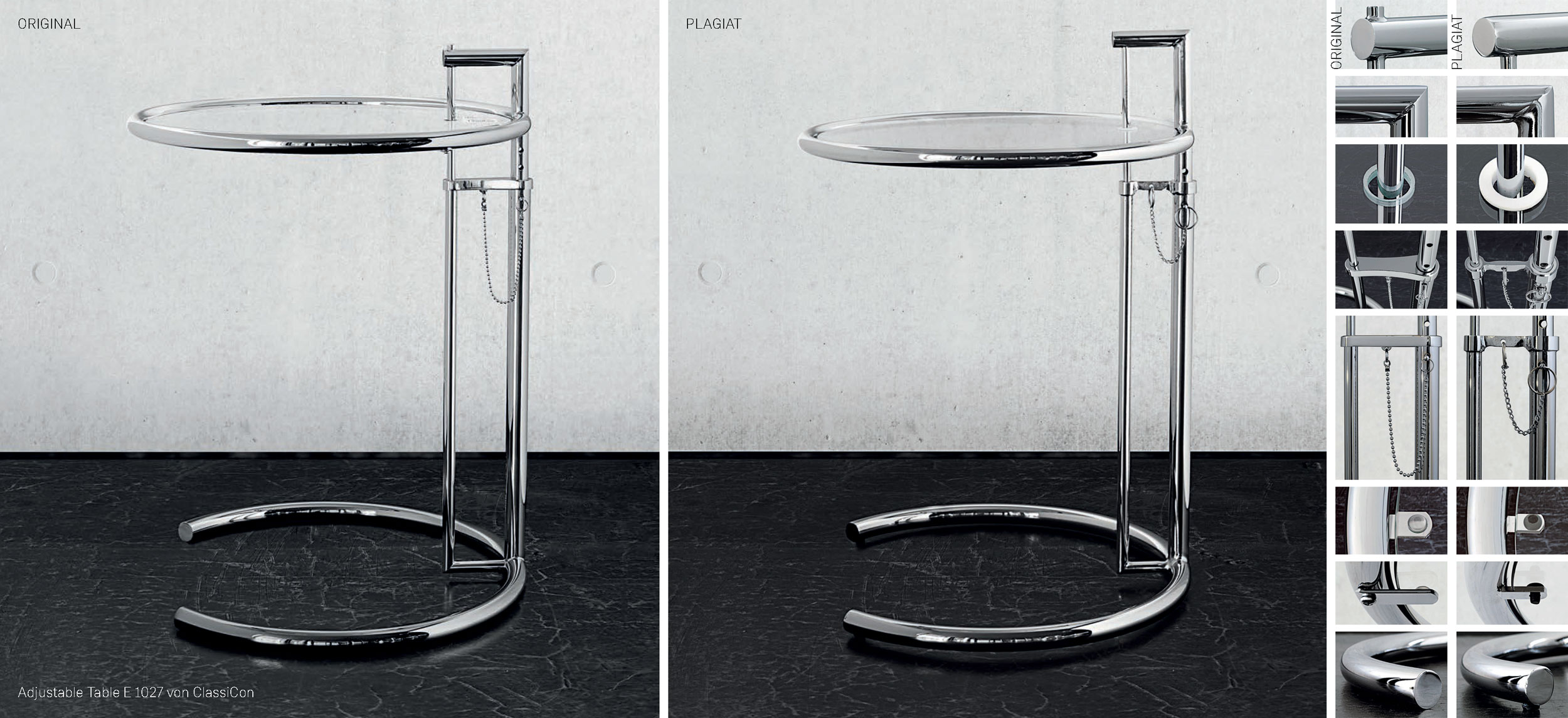 Gegenüberstellung: Original und Plagiat des Beistelltischs Adjustable Table mit Details zum Vergleich.