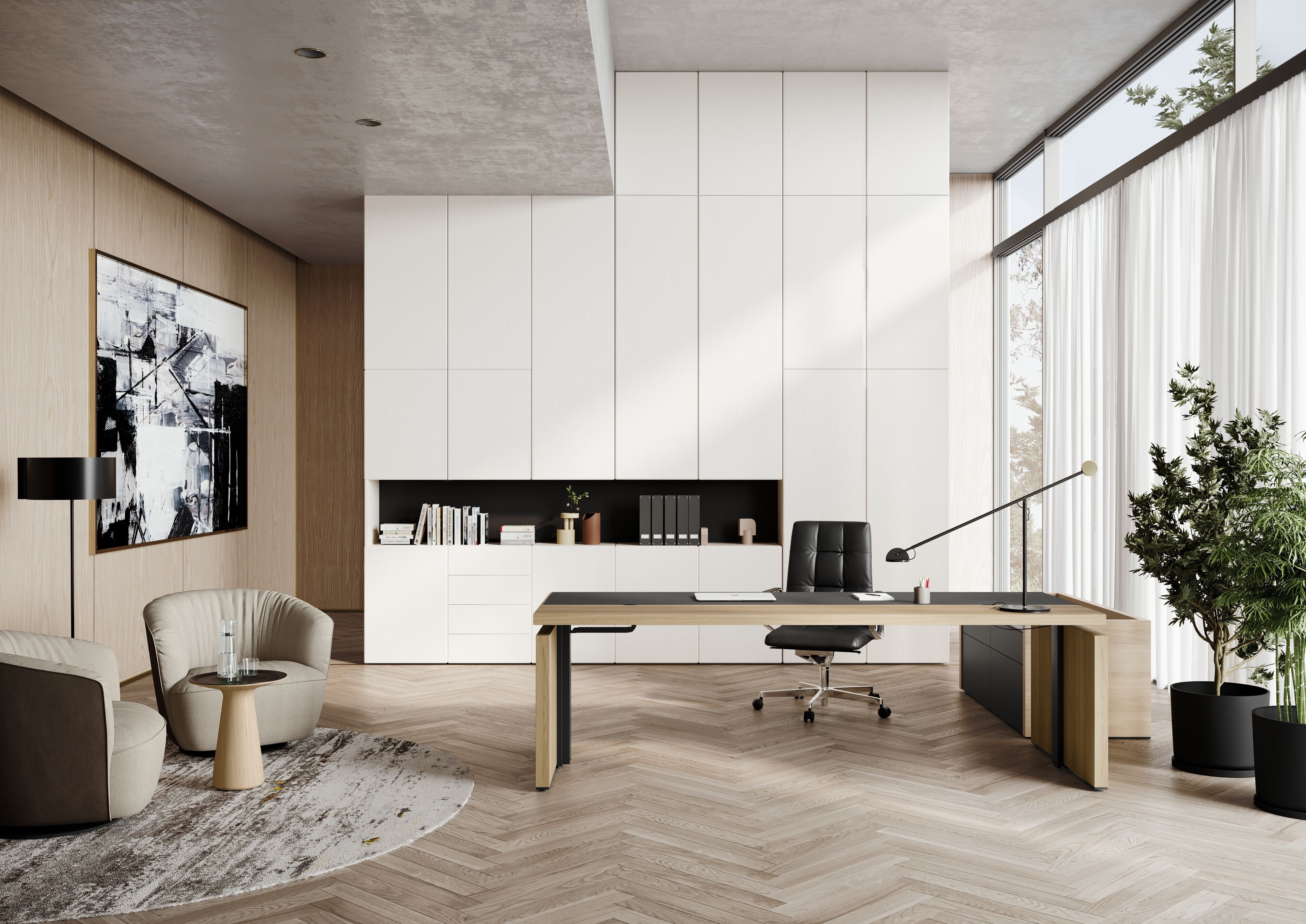 Elegantes Büro mit Schreibtisch von Walter Knoll, hellem Parkettboden und raumhoher Regalwand in Weiß
