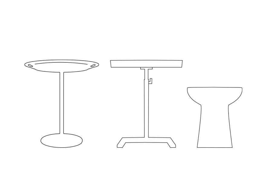 Piktogramm mit drei Tischtypen: runder Stehtisch, rechteckiger Tisch und Hocker. Darstellung des Bereichs Tischmöblierung.