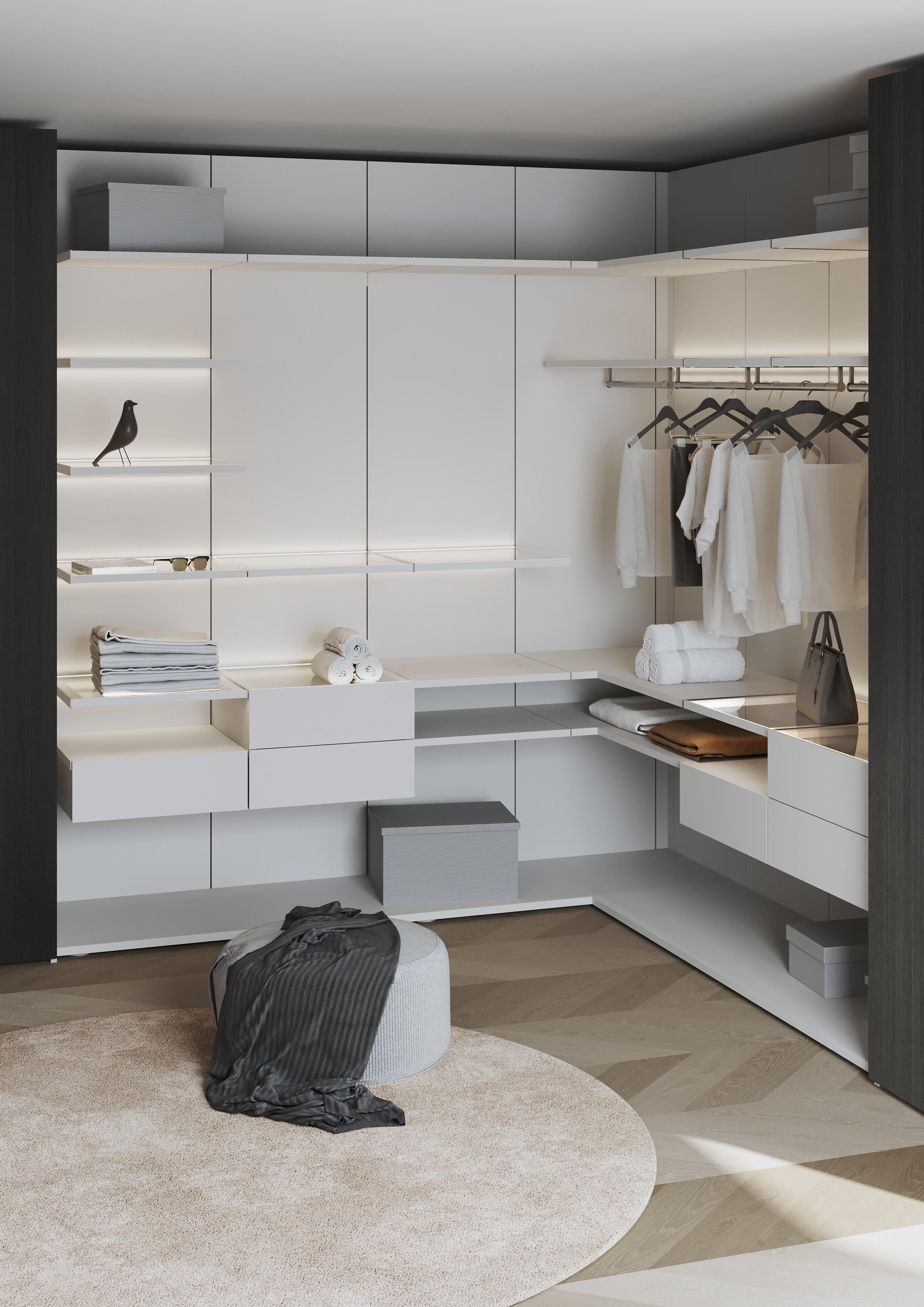 Kleiderschrank mit offener Struktur, Hängeelementen, Schubladen und integrierter Beleuchtung