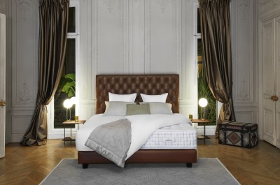 Boxspring-Polsterbett von Tréca Paris mit Kopfteil Diamant in Leder-Ausführung