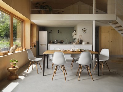 chairs: white, maple base table: natural oak, basic dark