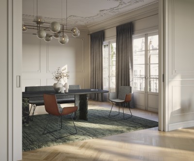 Freifrau Coco Living mit Armlehnstuhl Amelie hoch, niedrig und Amelie-Bank im Clifford-Stoff